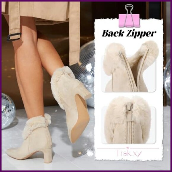 Faux Suede Ankle Boots Chunky Heel Pointed Toe Zipper Dress Booties - Picture 6 of 8